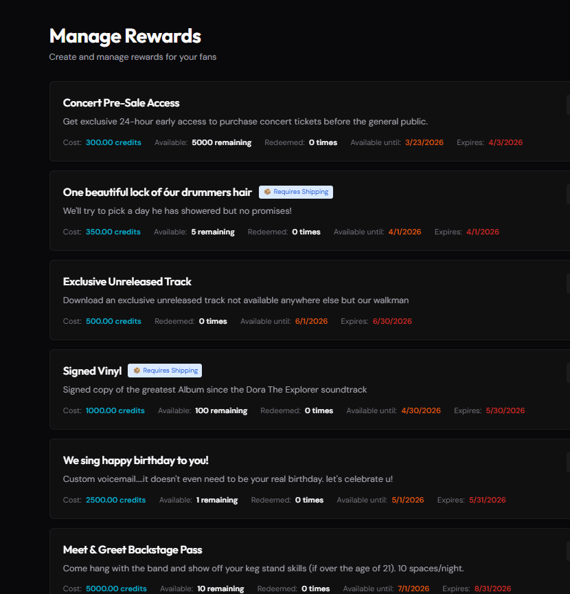 Example rewards in an Official Artist Space on OpeningSong