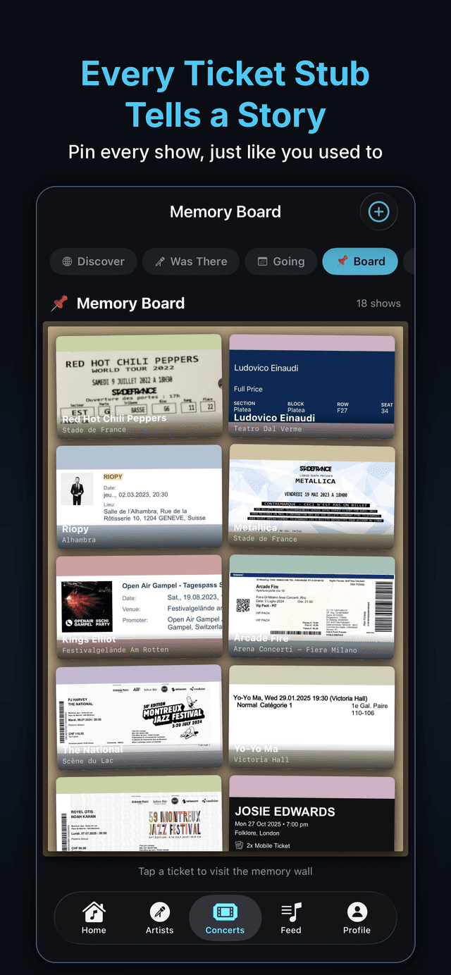 A memory board of saved ticket stubs in the OpeningSong app