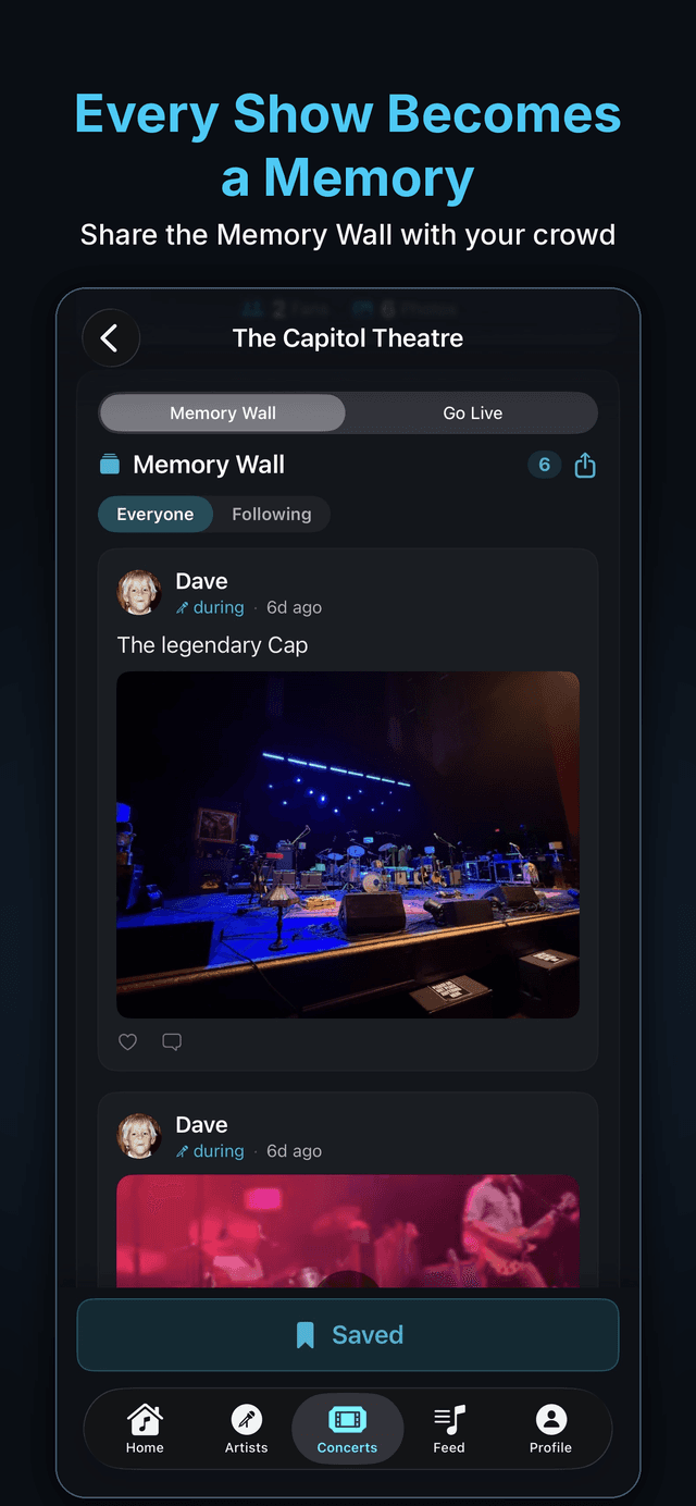 A shared concert memory wall in the OpeningSong app